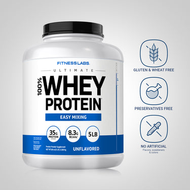 Whey Protein bottle with icons indicating gluten & wheat free, preservatives free, and no artificial flavors, sweeteners, or colors.