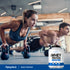 A young woman and man perform push-ups with kettlebells next to a Whey Protein tub, showcasing a fitness lifestyle.