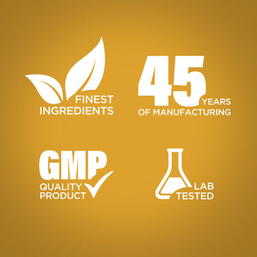 Infographic highlights finest ingredients, 45 years of manufacturing, GMP quality, and lab-tested assurance.