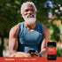 Older man smiling outdoors, holding a phone and a bottle of Ultra Omega + CoQ10 supplement.