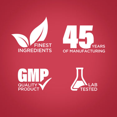 Infographic highlighting finest ingredients, 45 years of manufacturing, GMP quality product, and lab testing for quality assurance.