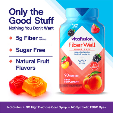 Vitafusion Fiber Well Sugar Free Gummies bottle, 90 count, Berry and Peach flavors, shown with two individual gummies.