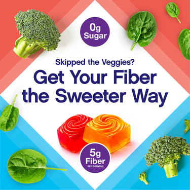 Two red and orange swirl gummies with text '0g Sugar', 'Skipped the Veggies? Get Your Fiber the Sweeter Way', and '5g Fiber PER SERVING'.