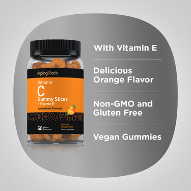 Product highlights graphic stating With Vitamin E, Delicious Orange Flavor, Non-GMO and Gluten Free, Vegan Gummies.