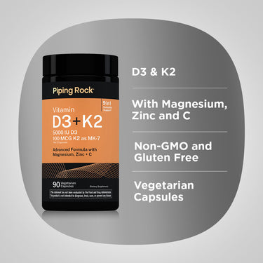 Product highlights graphic stating D3 & K2, With Magnesium, Zinc and C, Non-GMO and Gluten Free, Vegetarian Capsules.