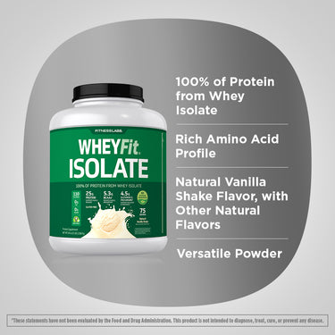 Product highlights graphic stating 100% Protein from Whey Isolate, Rich Amino Acid Profile, Natural Vanilla Shake Flavor, Versatile Powder.