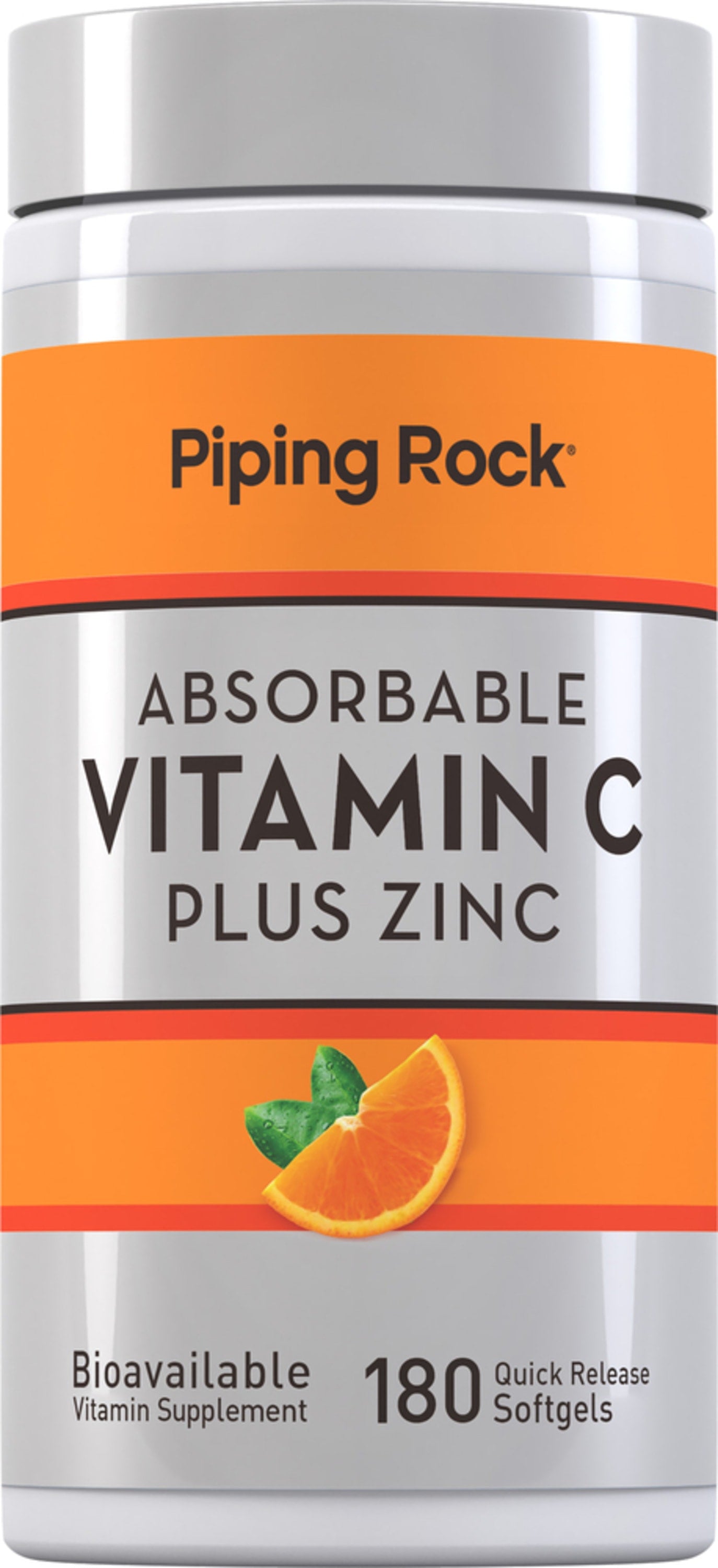 Absorbable Vitamin C with Zinc, a bioavailable supplement in 180 quick-release softgels for optimal nutrition.