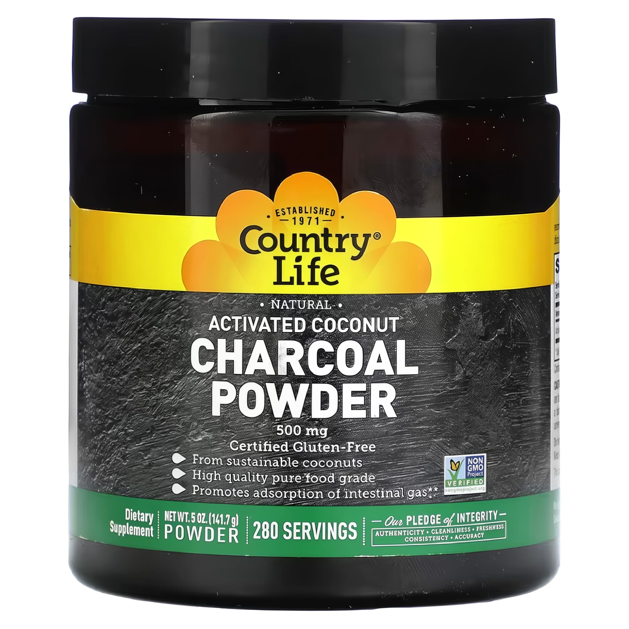 A 5 oz jar of Activated Coconut Charcoal Powder offering 280 servings.