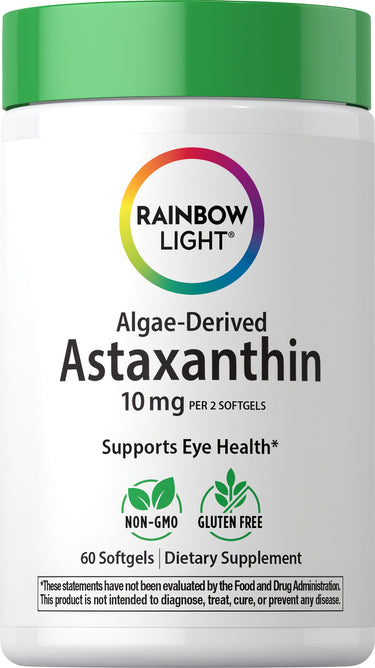 Rainbow Light Algae-Derived Astaxanthin softgels, 10 mg per 2 softgels, total 60 softgels.