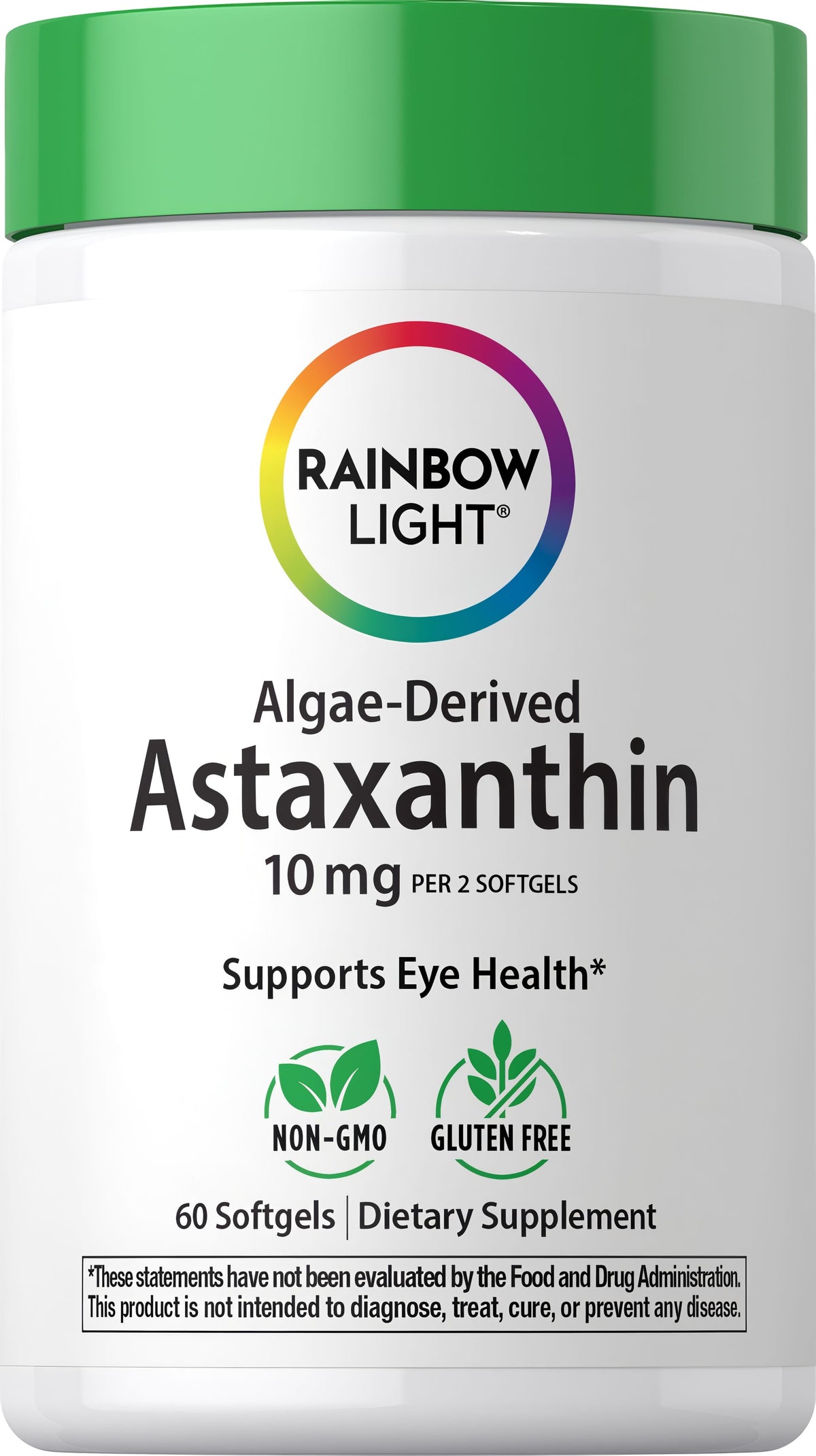 Rainbow Light Algae-Derived Astaxanthin softgels, 10 mg per 2 softgels, total 60 softgels.