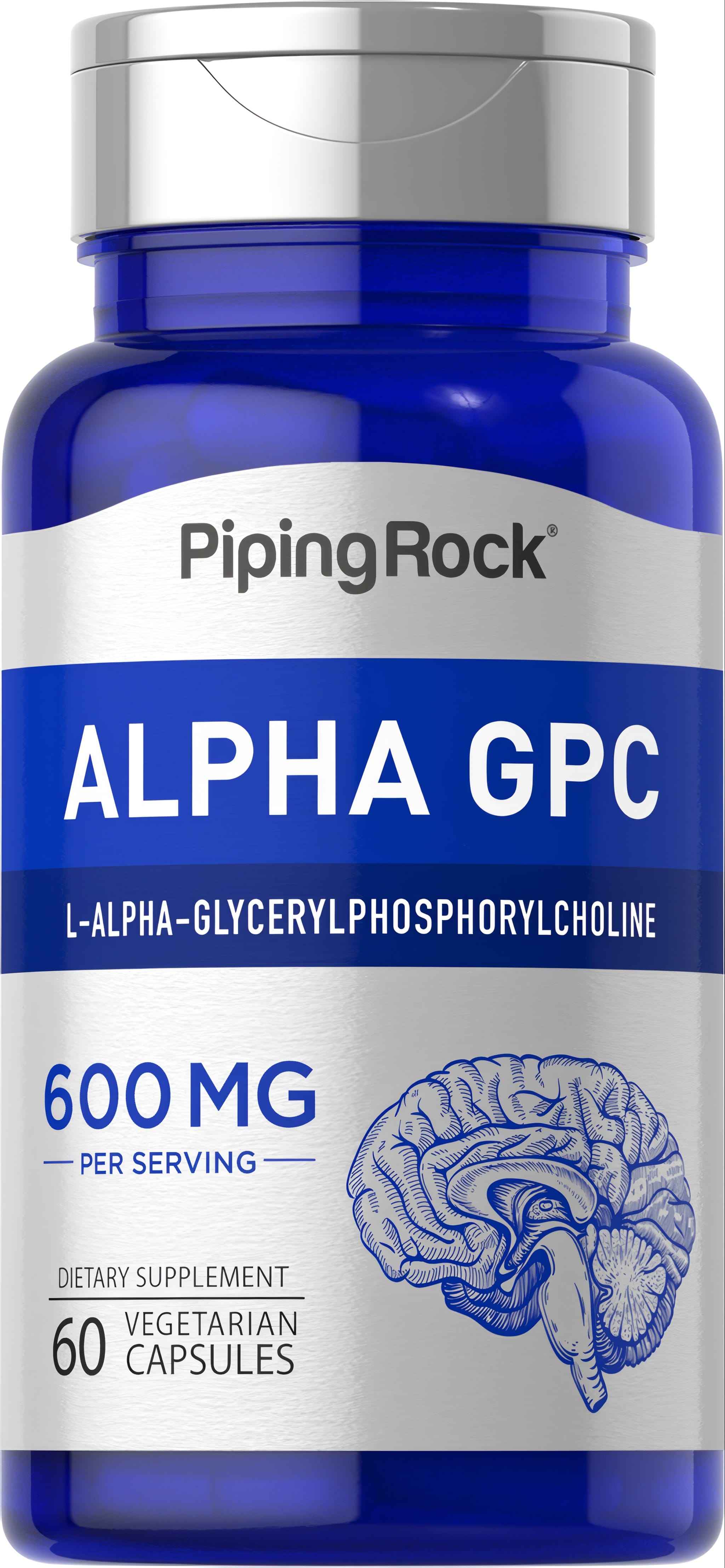 Alpha GPC supplement bottle containing 600 mg, with 60 vegetarian capsules.