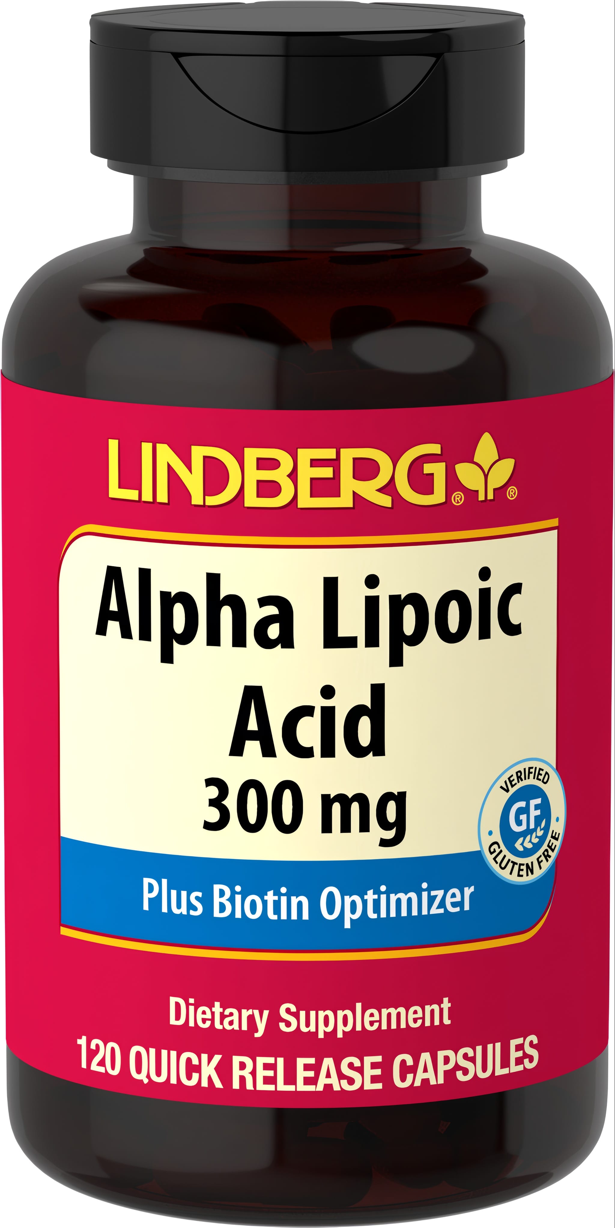 Lindberg Alpha Lipoic Acid 300 mg plus Biotin Optimizer, 120 Quick Release Capsules, Verified Gluten Free product.