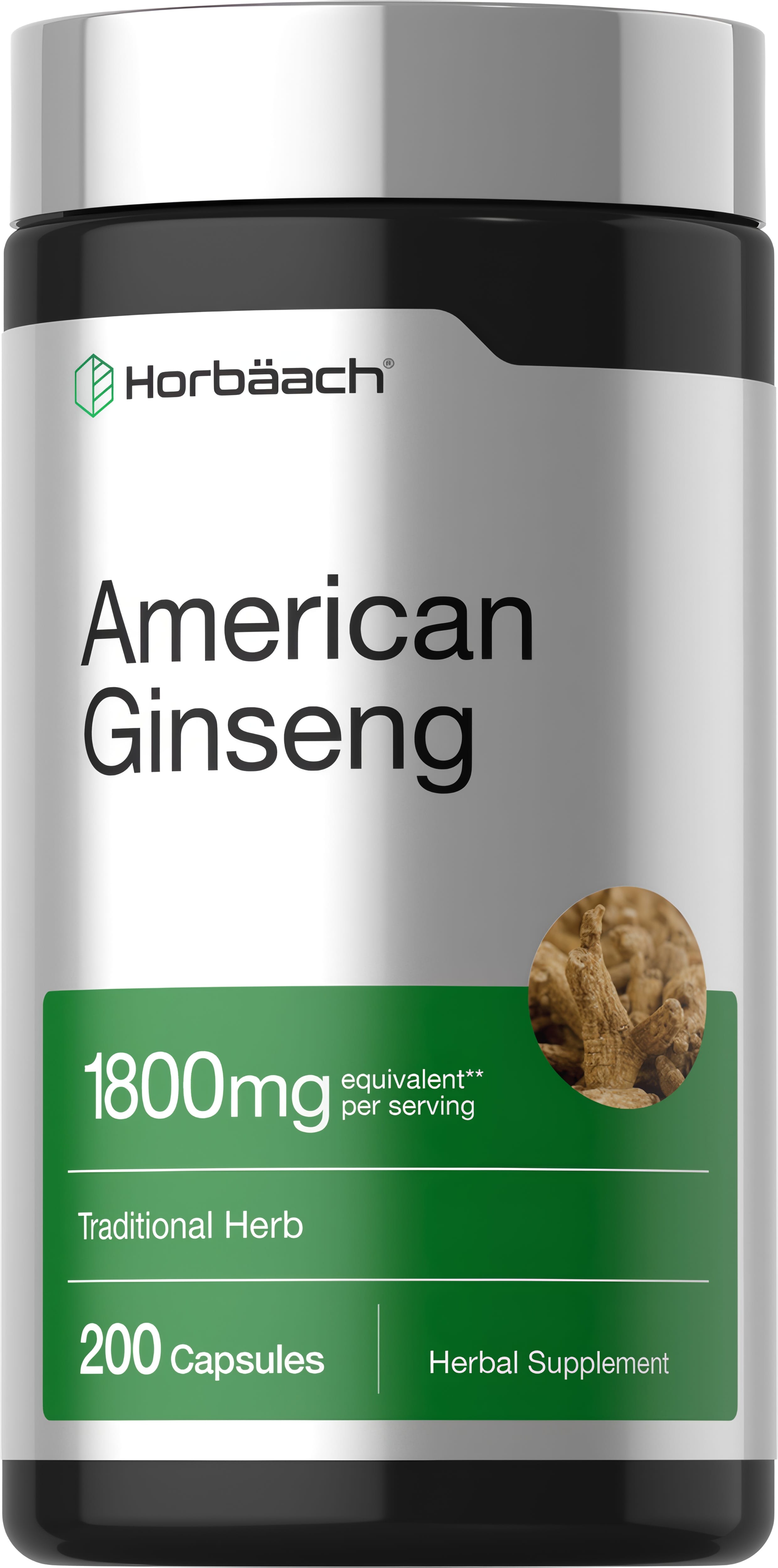 American Ginseng 1800mg equivalent per serving, 200 capsules, herbal supplement for wellness.