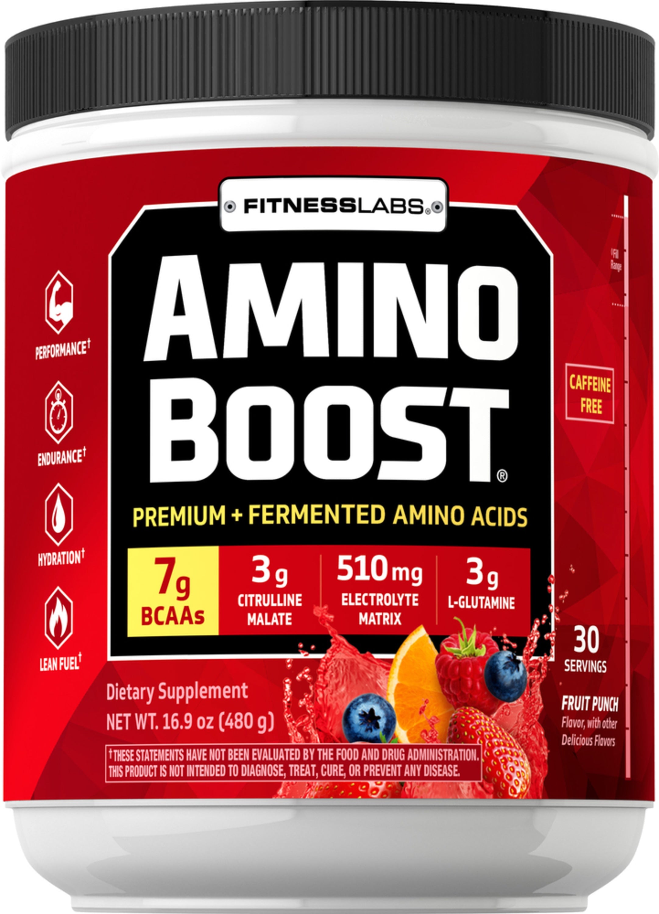 FitnessLabs Amino Boost Fruit Punch supplement, 480g tub, 30 servings. Contains 7g BCAAs. Caffeine free.