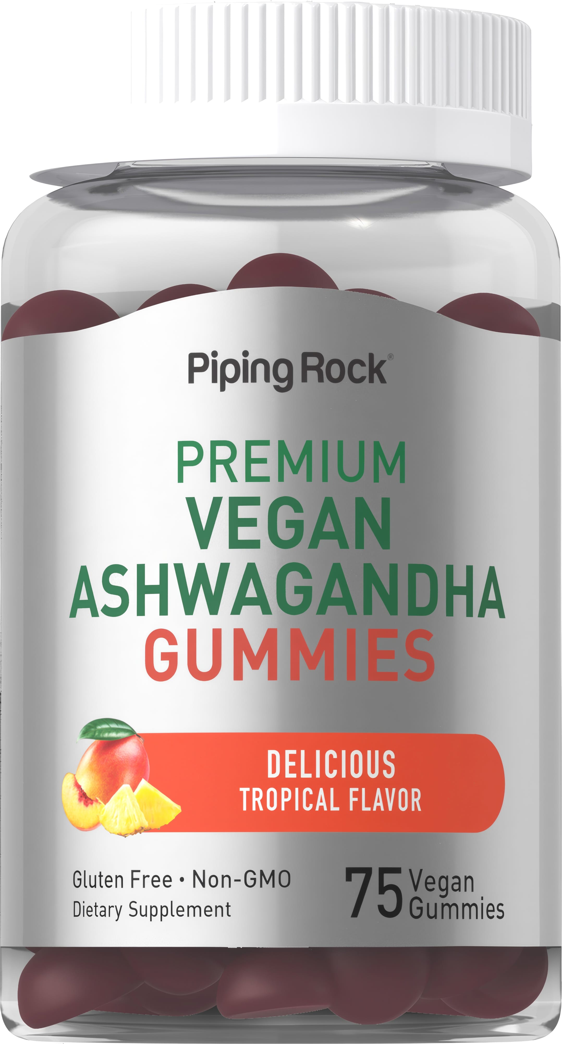 Vegan Ashwagandha Gummies with tropical flavor, gluten-free and non-GMO, featuring 75 gummies per bottle.