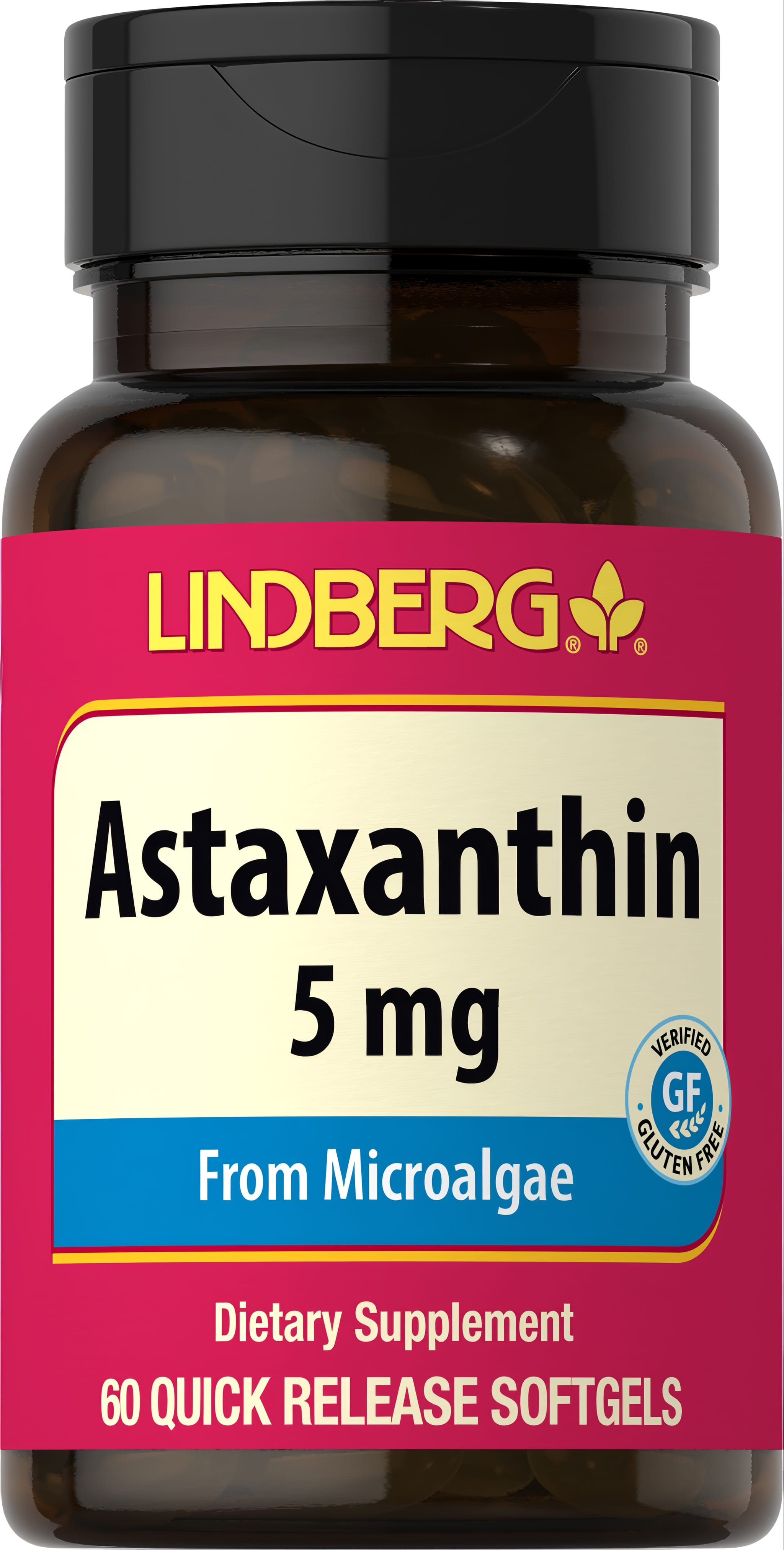 LINDBERG Astaxanthin 5 mg from microalgae, 60 quick release softgels, verified gluten-free supplement.