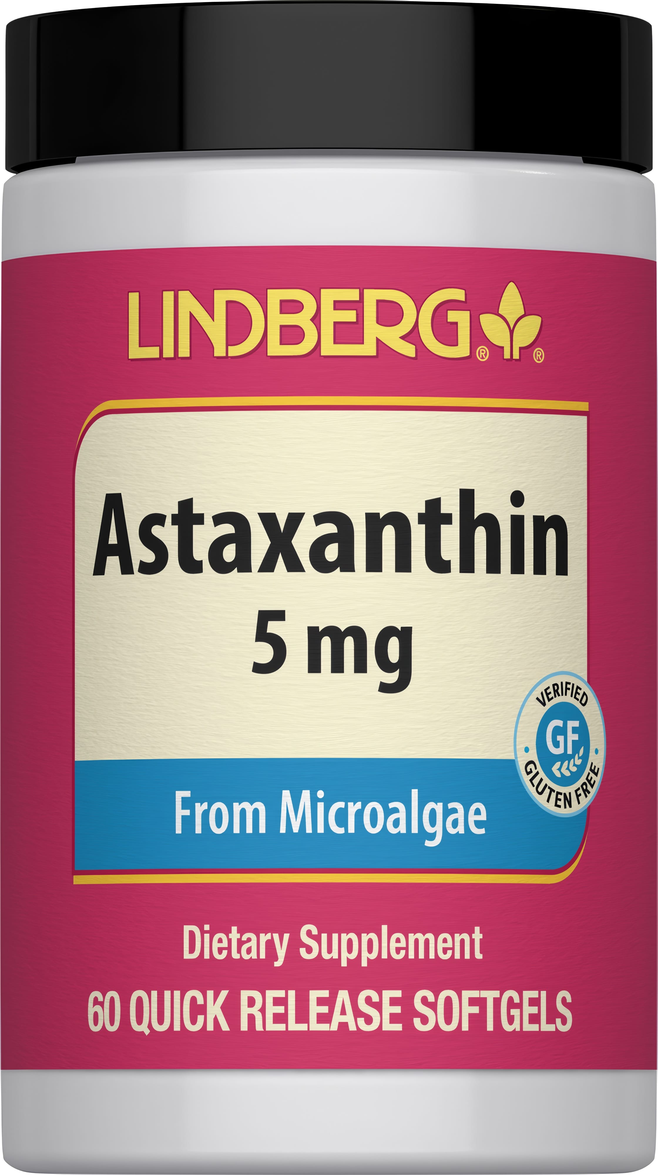 Lindberg Astaxanthin 5 mg from Microalgae, 60 Quick Release Softgels. Verified gluten-free and GF certified.