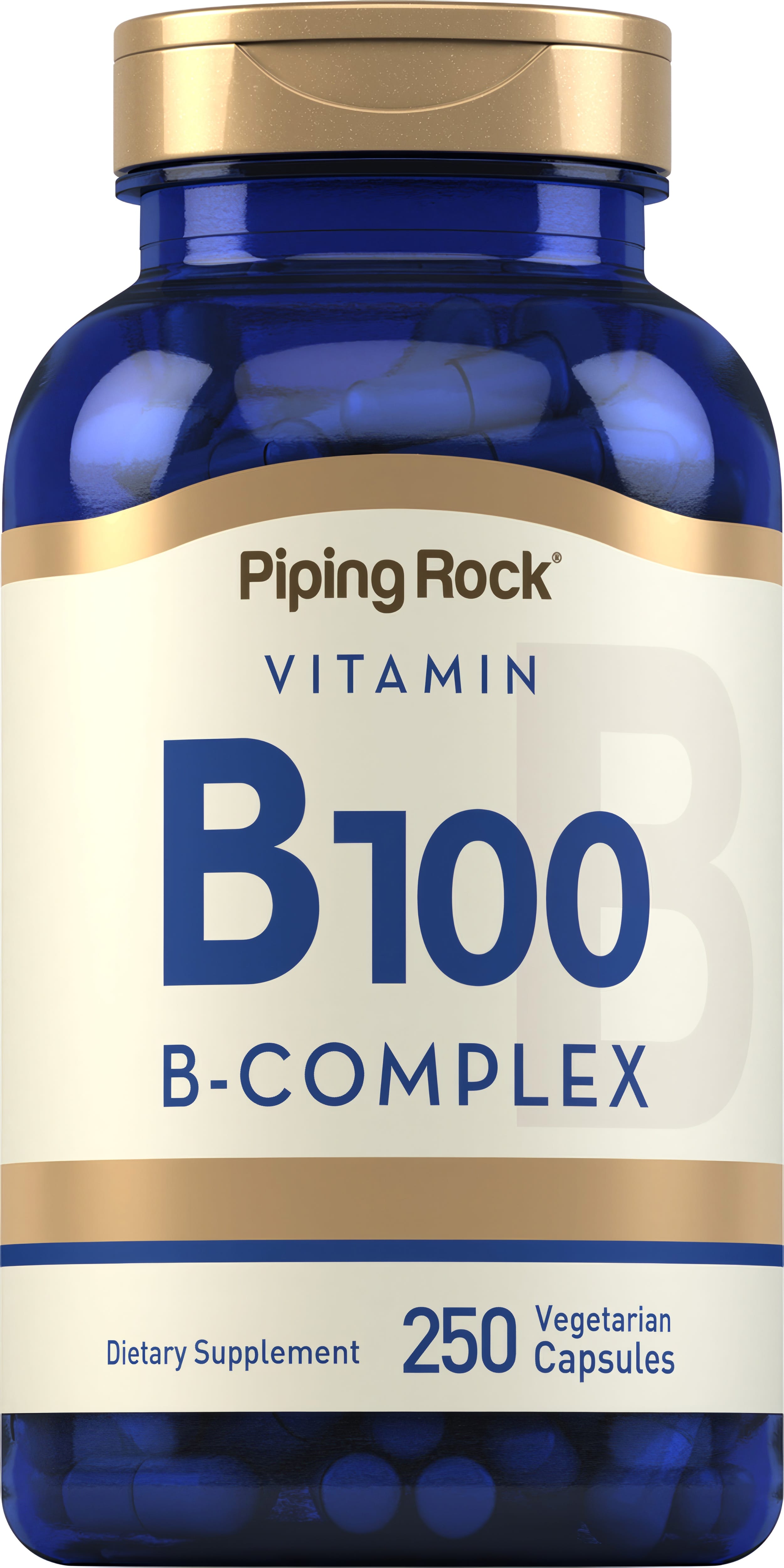 Vitamin B100 B-Complex dietary supplement, contains 250 vegetarian capsules in a bottle.