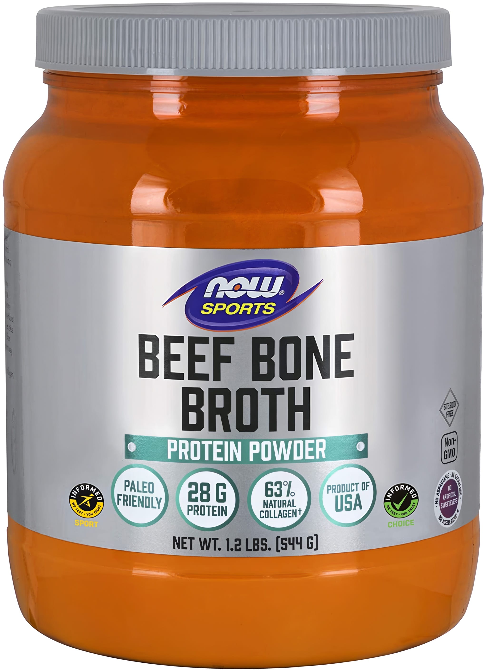 Now Sports Beef Bone Broth Protein Powder in a 1.2 lbs (544 g) jar.