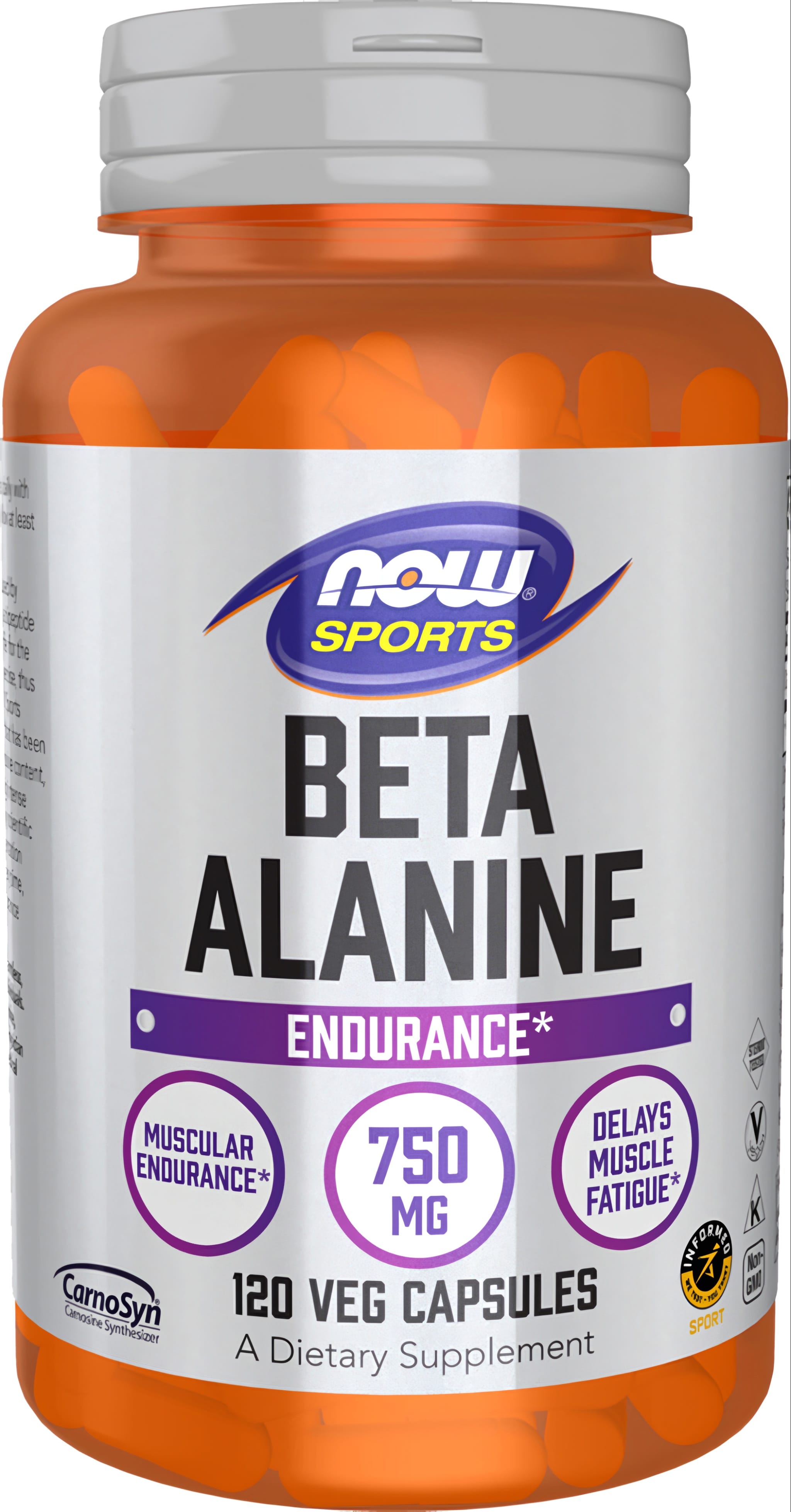 NOW Sports Beta Alanine 750 MG, 120 vegetable capsules, dietary supplement for workout support.