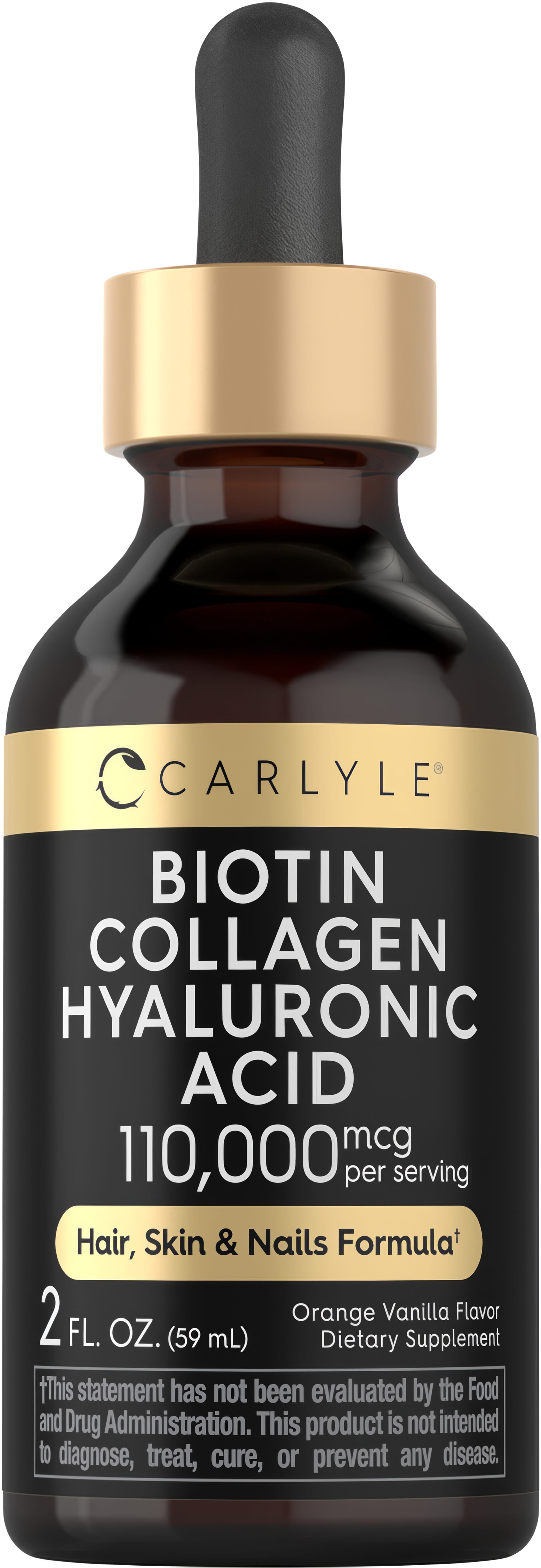 Carlyle Biotin Collagen Hyaluronic Acid Liquid, 110,000 mcg per serving, 2 FL. OZ. (59 mL), Orange Vanilla Flavor.