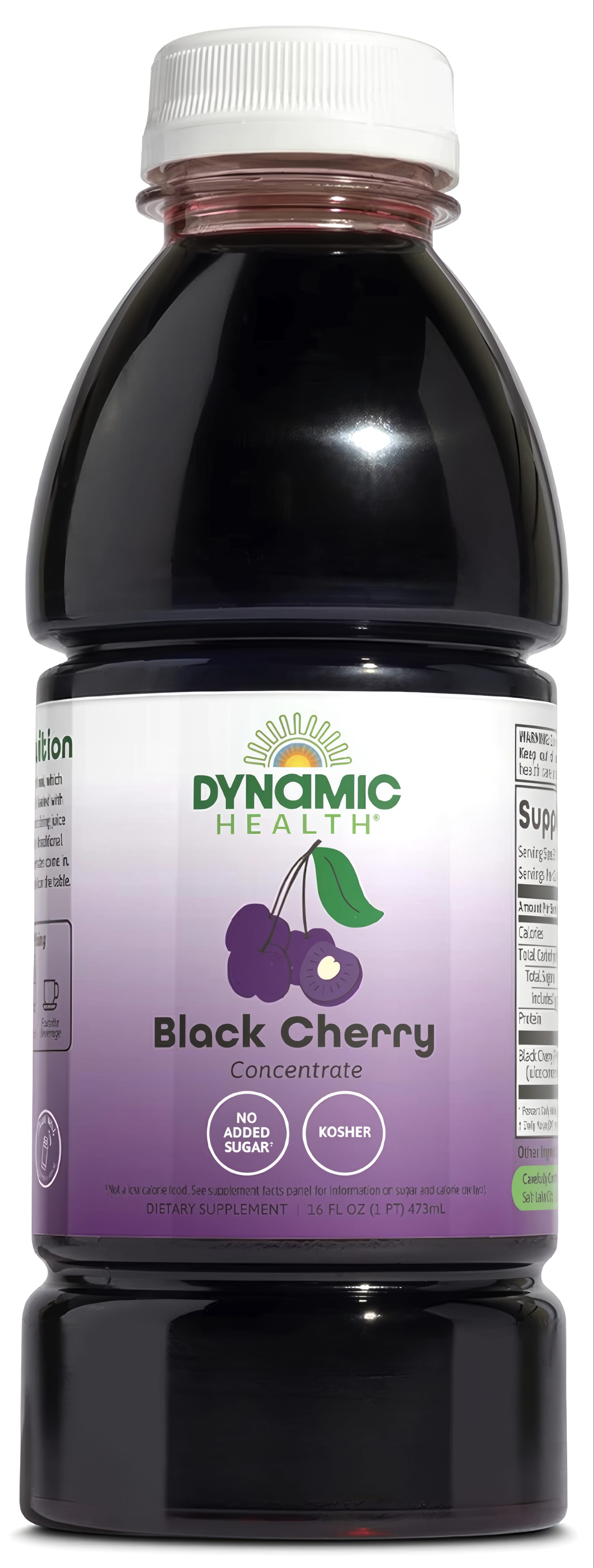 Dynamic Health Black Cherry Concentrate 16 FL OZ 473ML, no added sugar, kosher, dietary supplement.