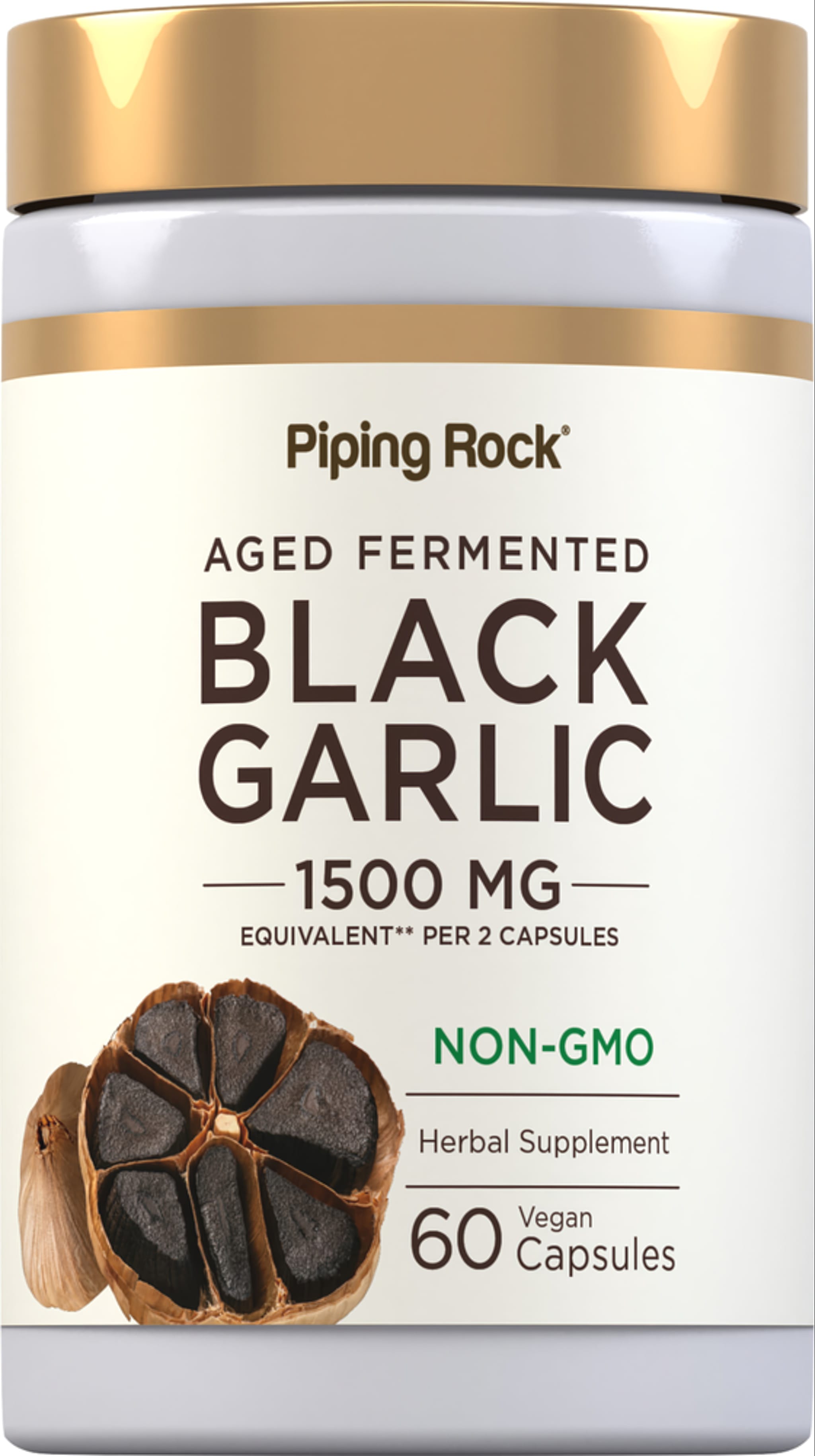 Aged Fermented Black Garlic 1500 mg per 2 capsules, non-GMO herbal supplement in a bottle, 60 vegan capsules.