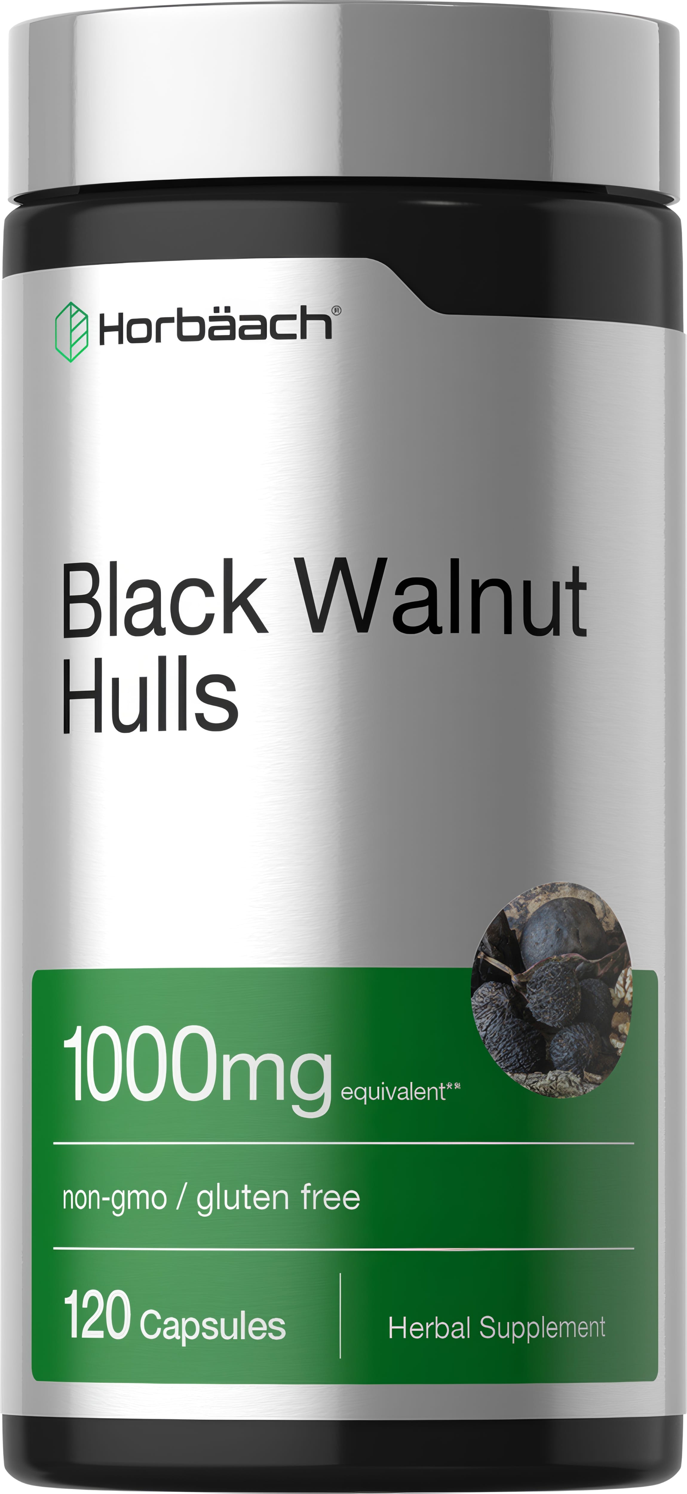 Black Walnut Hulls 1000mg equivalent with 120 capsules. Non-GMO and gluten-free herbal supplement.