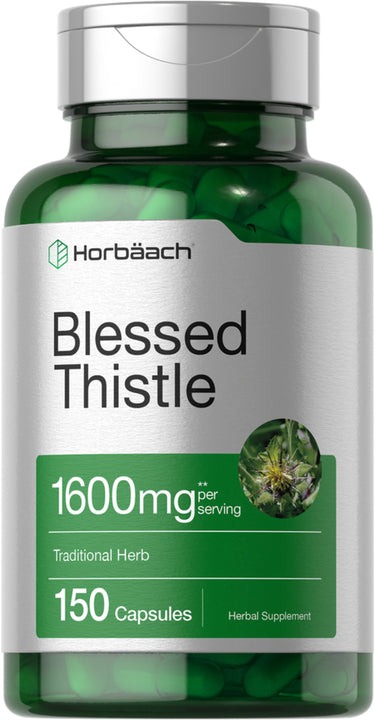 Horbäach Blessed Thistle 1600mg, 150 Capsules, a traditional herbal supplement for wellness.