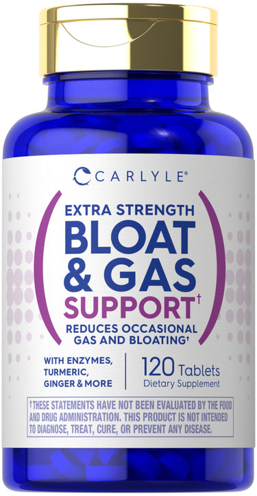 Carlyle Extra Strength Bloat and Gas Support, 120 tablets for digestive health and relief.