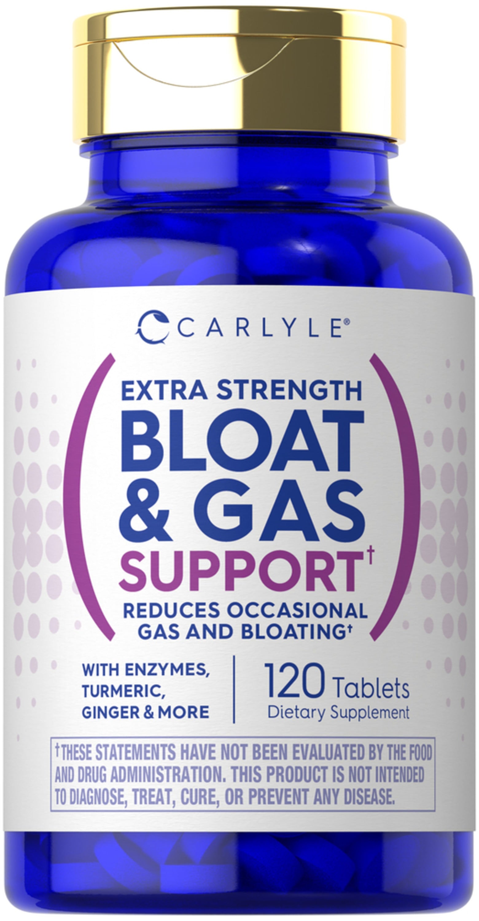 Carlyle Extra Strength Bloat and Gas Support, 120 tablets for digestive health and relief.