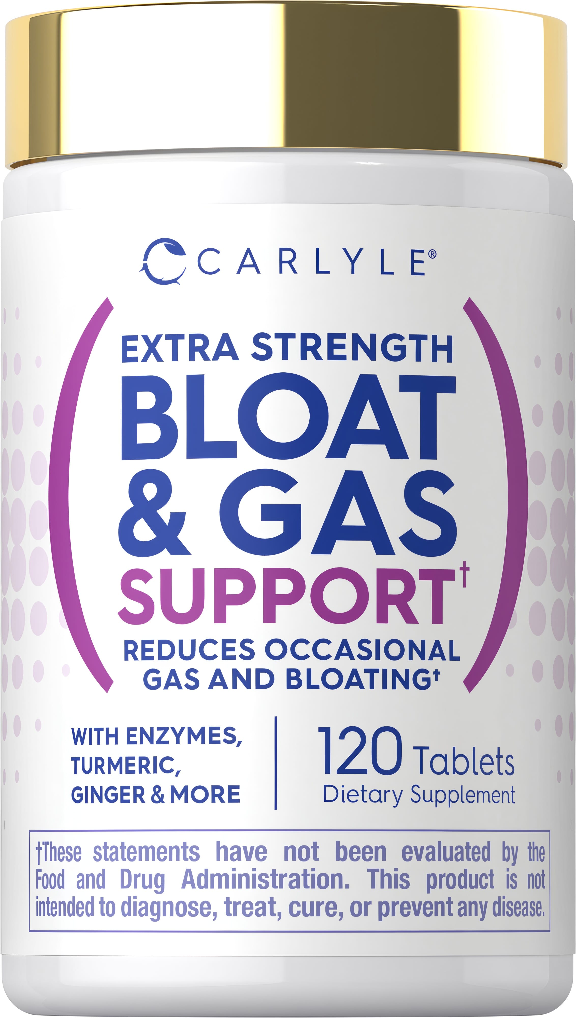 Carlyle Extra Strength Bloat & Gas Support dietary supplement, 120 tablets, helps alleviate bloating and gas effectively.