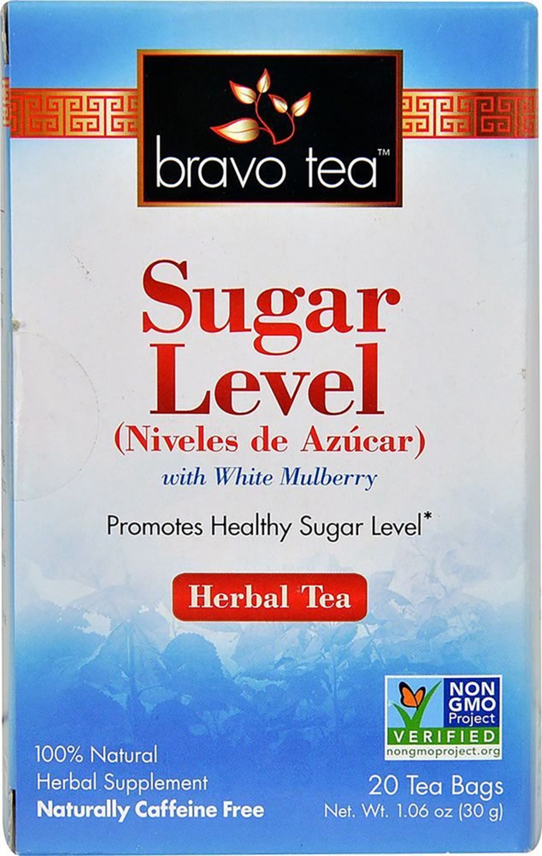 Bravo Sugar Level Herbal Tea with White Mulberry. Promotes healthy sugar levels. Caffeine free. 20 tea bags, 1.06 oz.