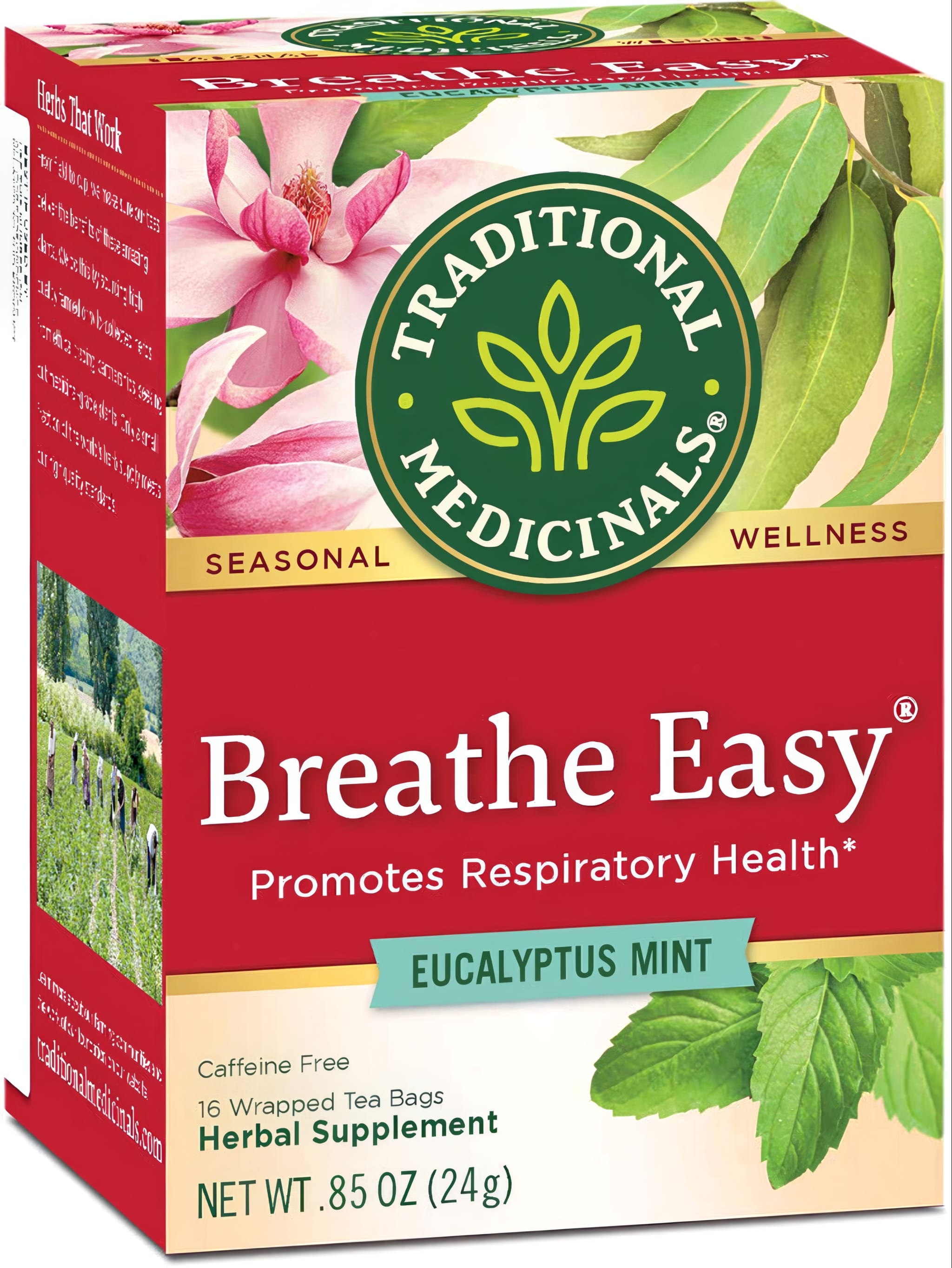 Traditional Medicinals Breathe Easy Eucalyptus Mint Tea, 16 tea bags, caffeine free, promotes respiratory health.