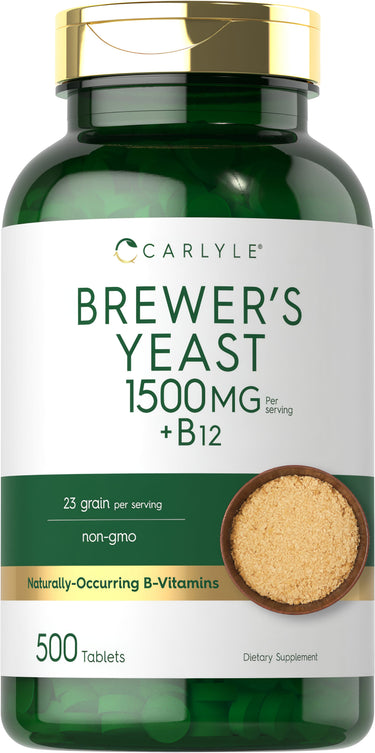 Carlyle Brewer's Yeast 1500MG +B12, 500 tablets. Non-GMO, naturally-occurring B-vitamins, 23 grains per serving.