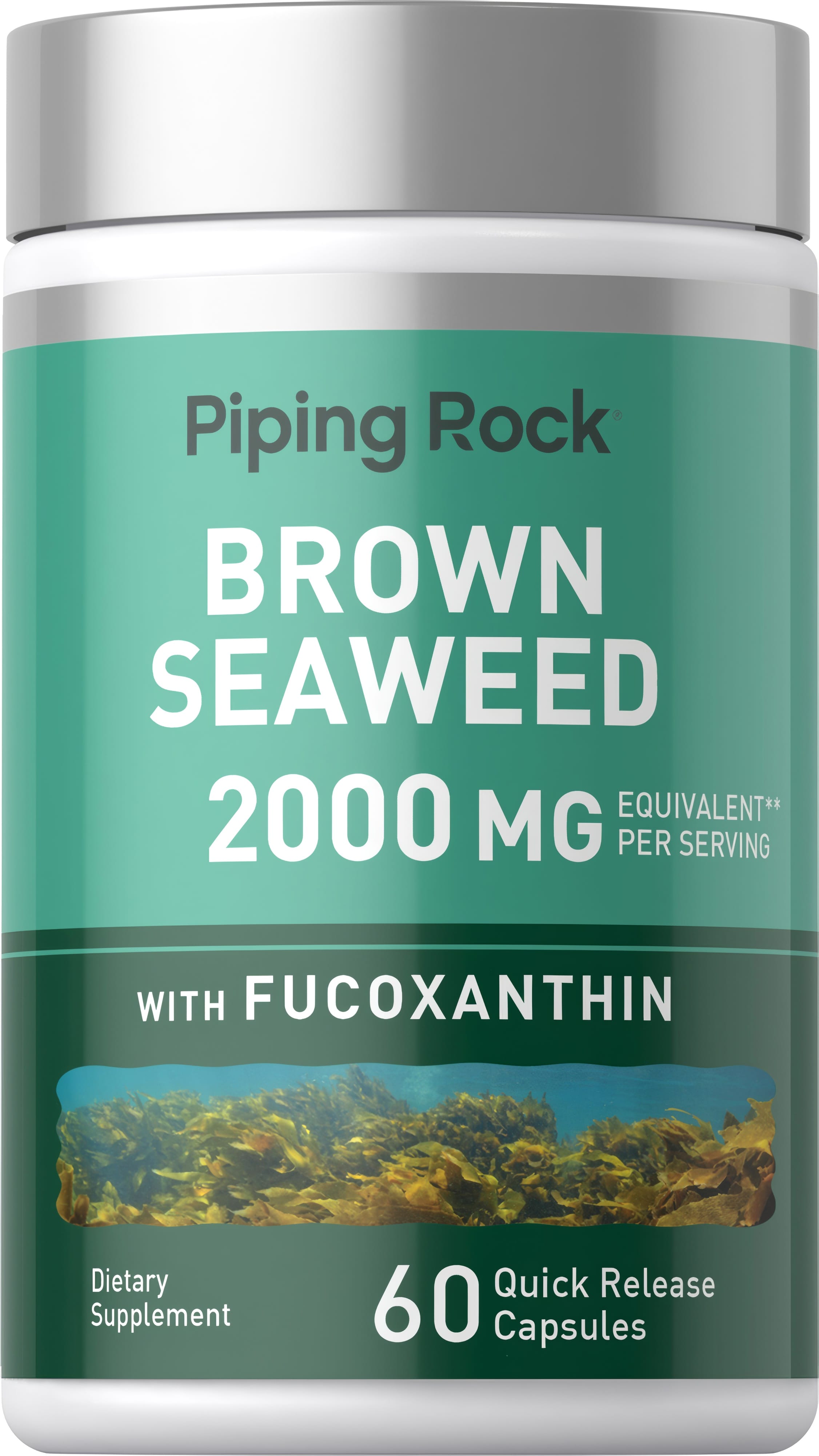 Brown Seaweed 2000 mg with Fucoxanthin, featuring 60 quick-release capsules for dietary support.