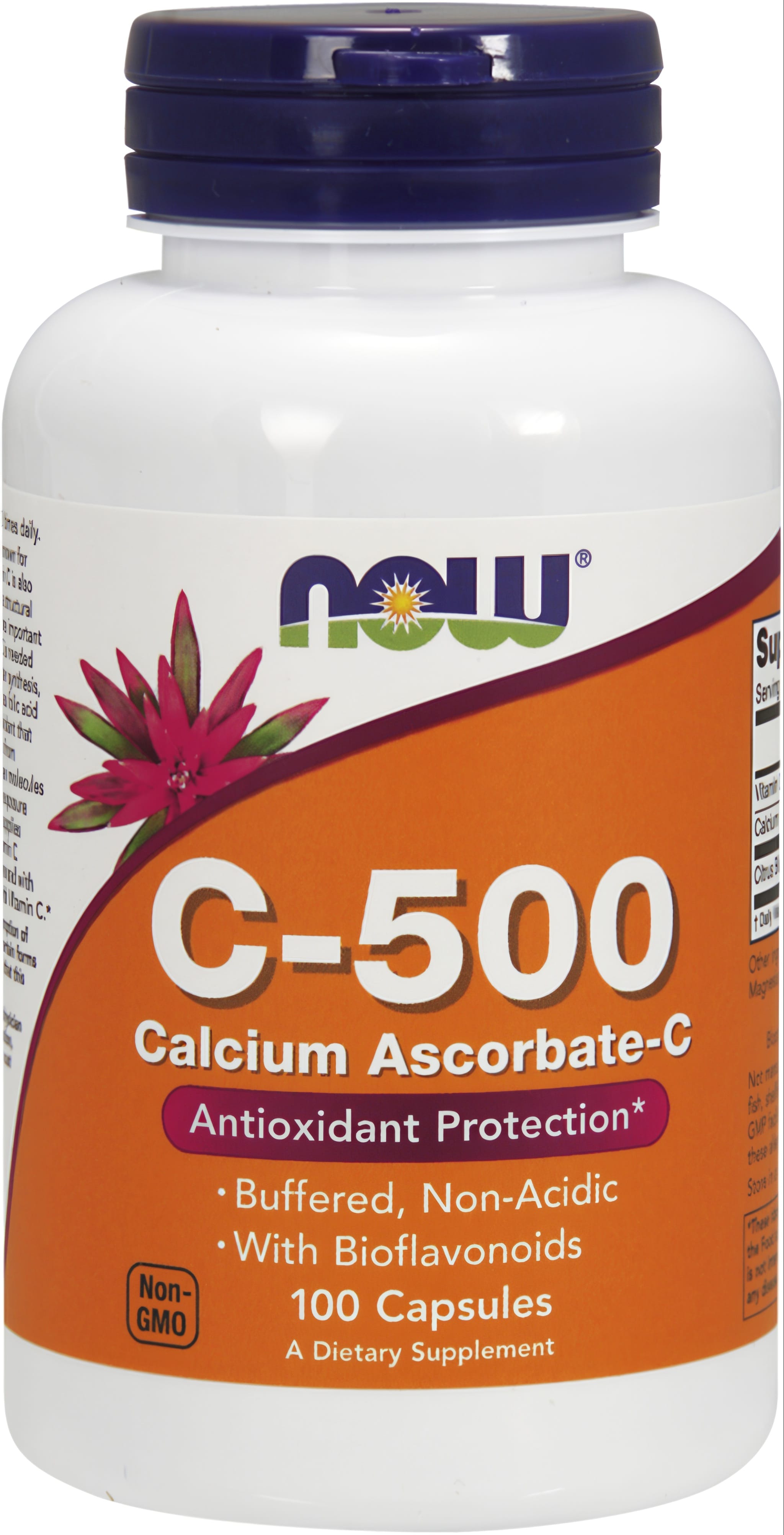 Now C-500 Calcium Ascorbate-C Buffered, Non-Acidic, with Bioflavonoids, Non-GMO, 100 Capsules, Dietary Supplement.