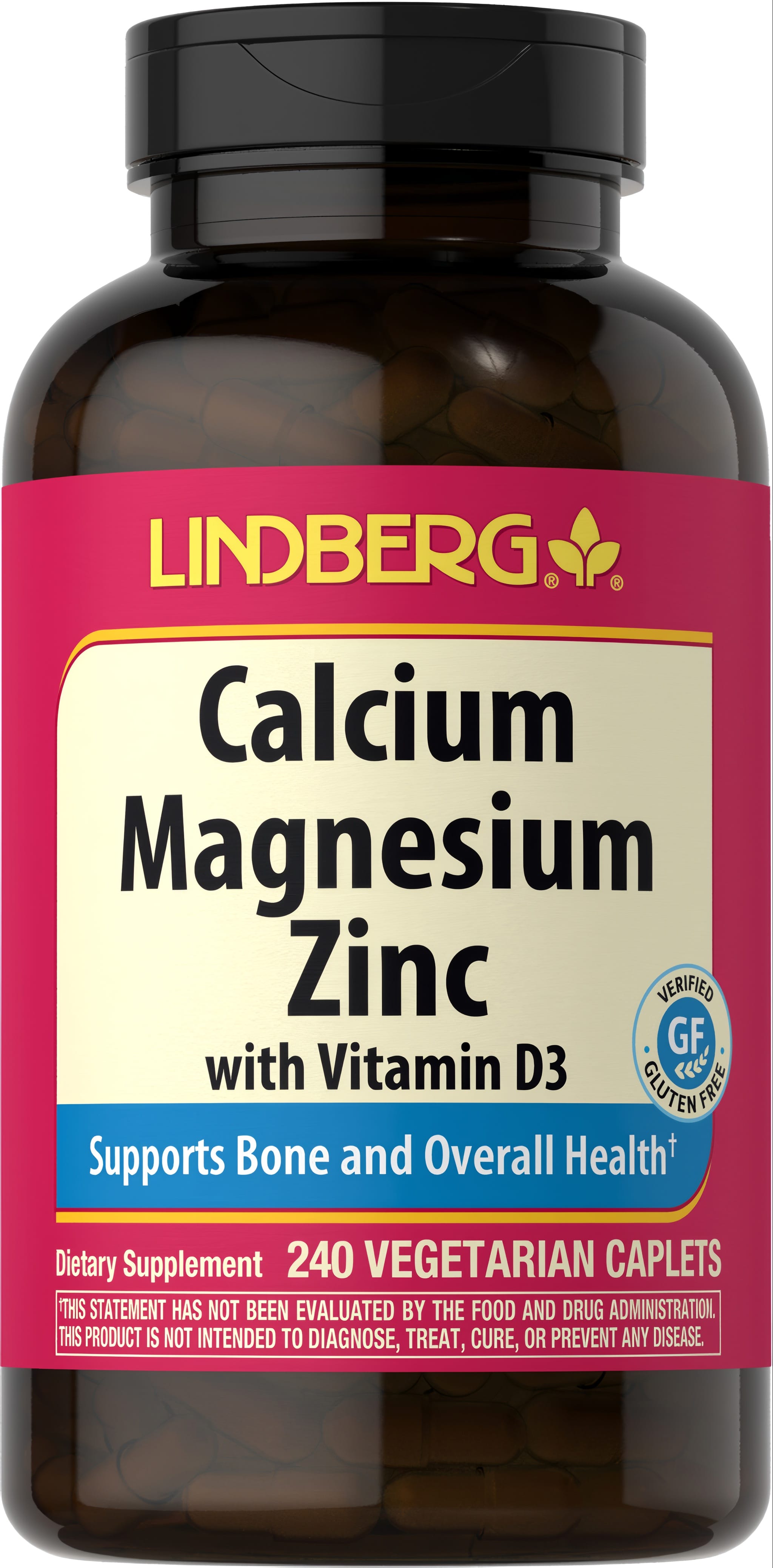 Calcium Magnesium Zinc with Vitamin D3, 240 Vegetarian Caplets, Gluten Free and Verified.