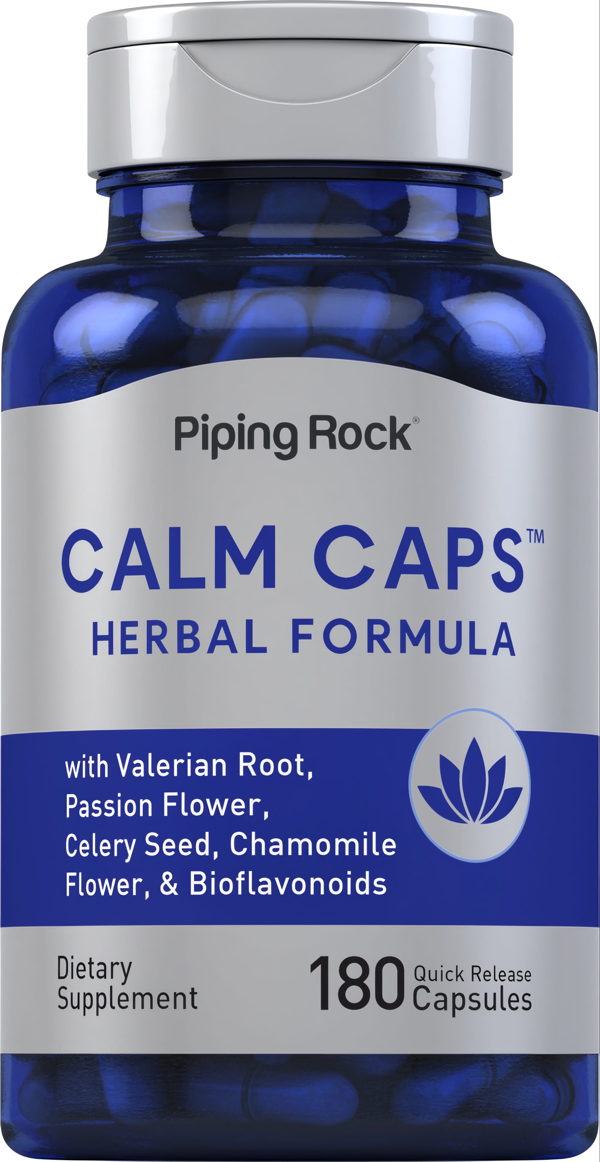 Calm Caps Herbal Formula contains 180 quick-release capsules for relaxation and stress relief.