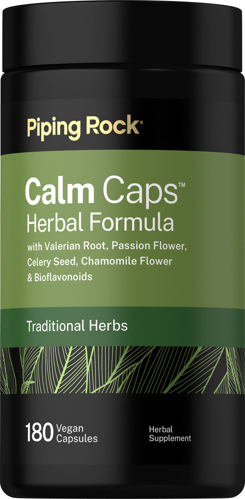 Calm Caps Herbal Formula with 180 vegan capsules, an herbal supplement.