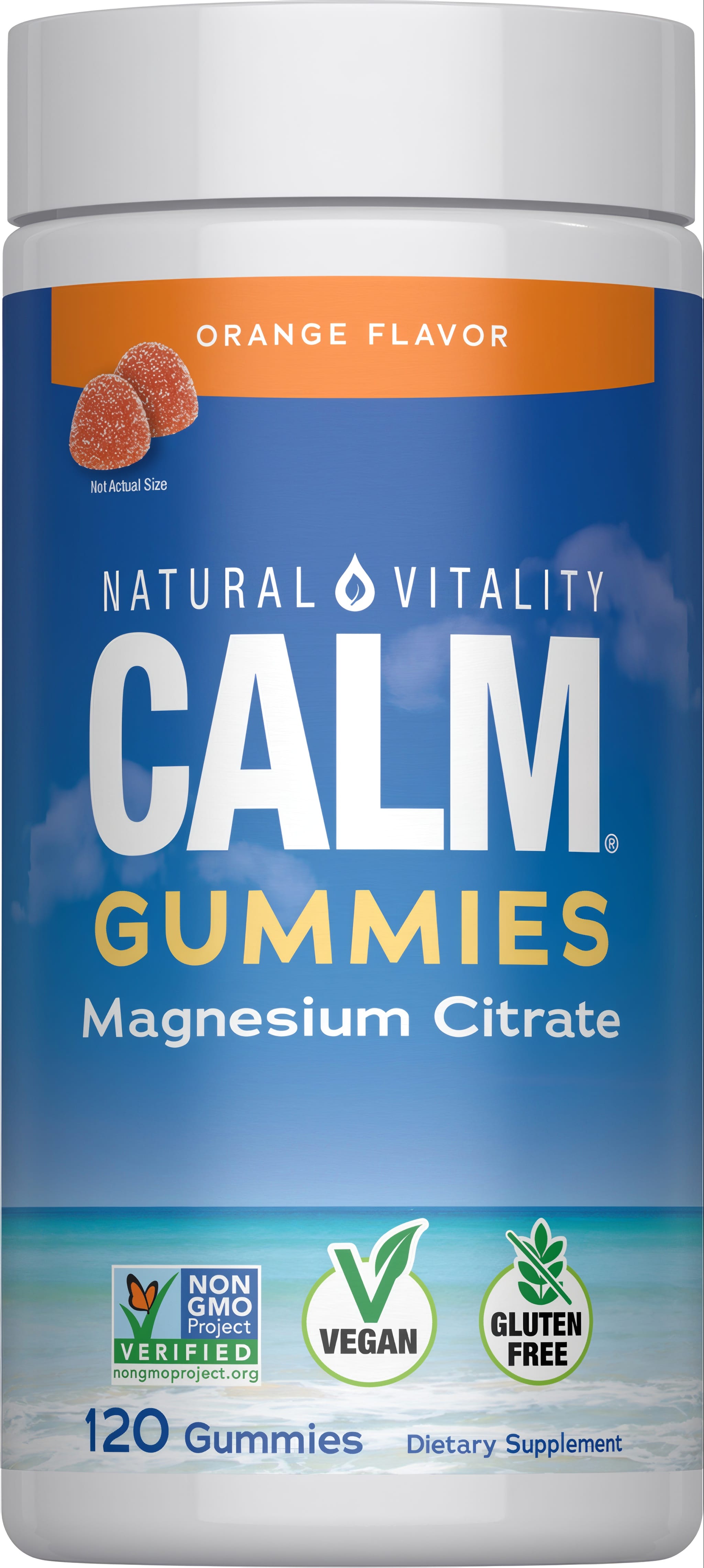 Natural Vitality Calm Gummies Magnesium Citrate, Orange Flavor. 120 gummies. Non-GMO, vegan, gluten-free dietary supplement.