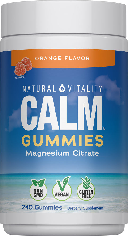 Natural Vitality Calm Magnesium Citrate Orange Gummies, 240 count, Non-GMO, Vegan, Gluten-Free dietary supplement.