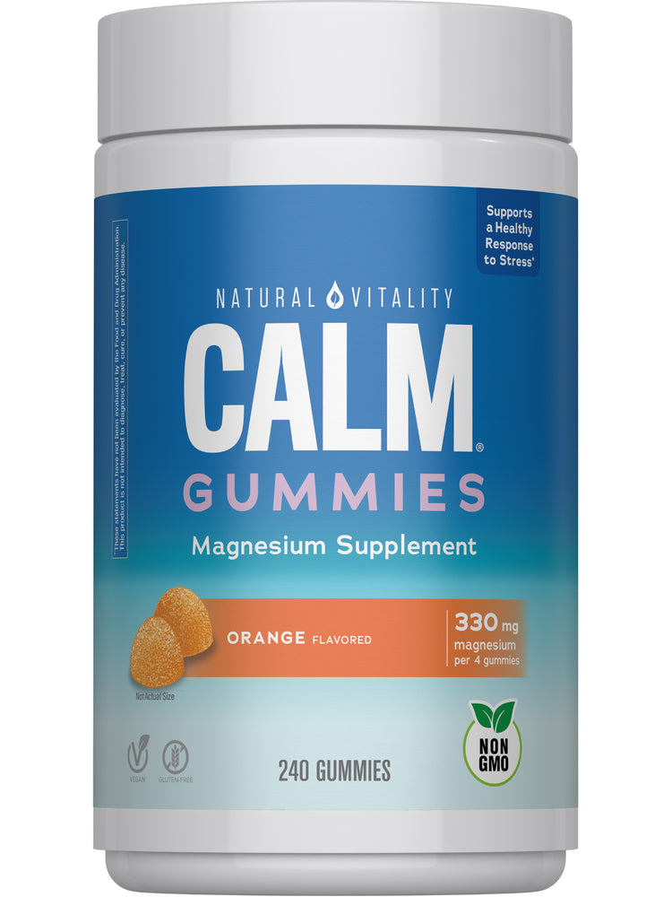 Natural Vitality Calm Gummies, orange flavored magnesium supplement, contains 240 gummies.