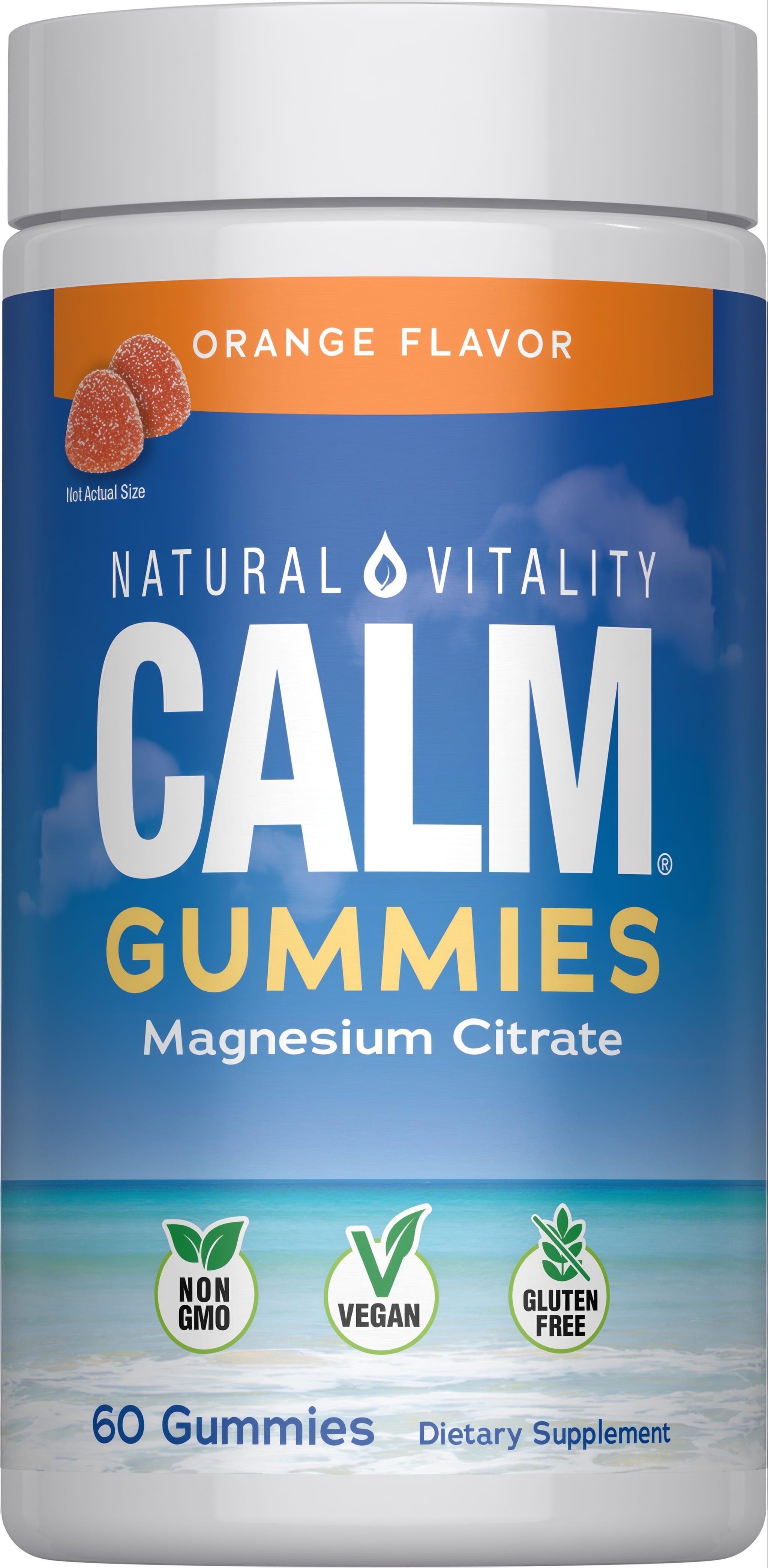 Natural Vitality Calm Gummies in orange flavor feature magnesium citrate, are non-GMO, vegan, and gluten-free, 60 count.