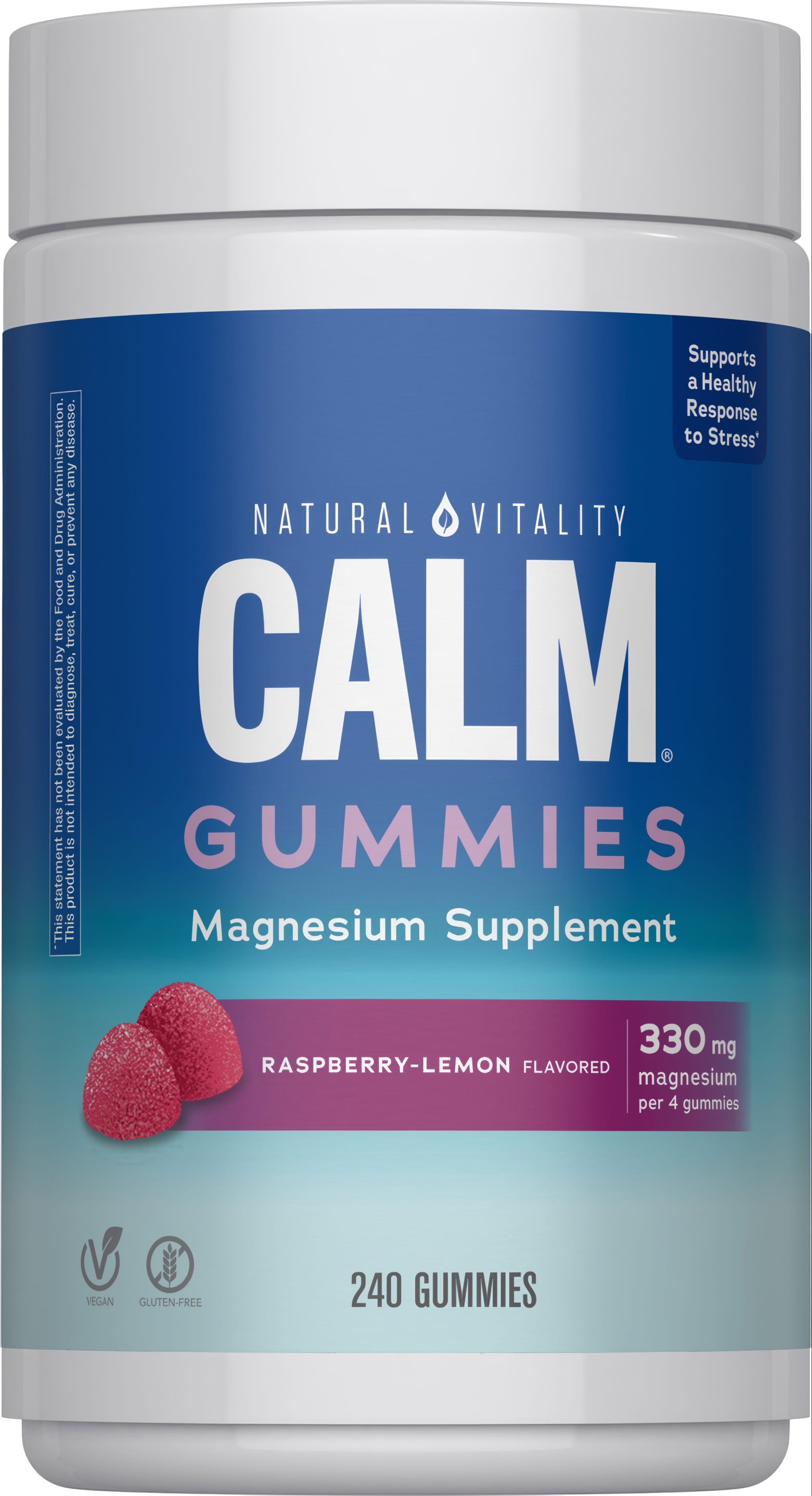 Natural Vitality Calm Gummies, delivering 330 mg of magnesium per 4 gummies, Raspberry-Lemon flavor, 240 count.