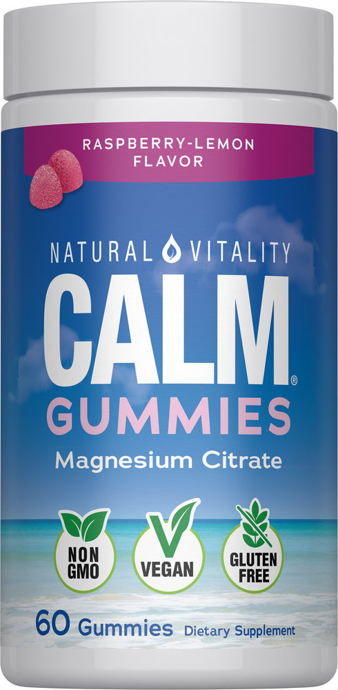 Natural Vitality Calm Gummies in raspberry-lemon flavor, featuring magnesium citrate, 60-count, dietary supplement.