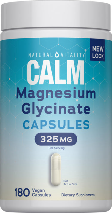 Natural Vitality CALM Magnesium Glycinate Capsules, 325 MG per serving, containing 180 vegan capsules.