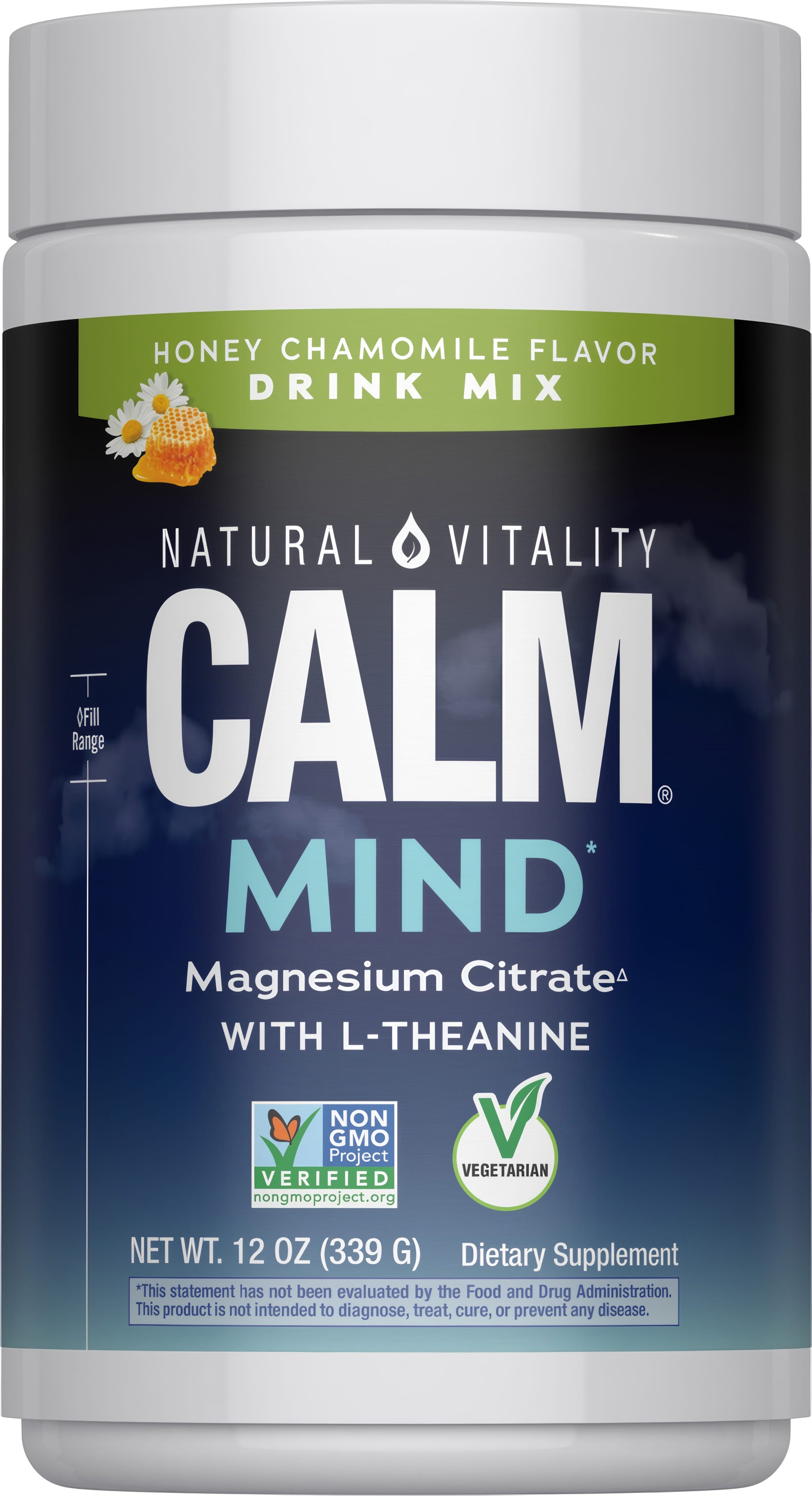 Calm Mind Magnesium Citrate with L-Theanine, honey chamomile flavor, 12 oz (339 g) dietary supplement drink mix.