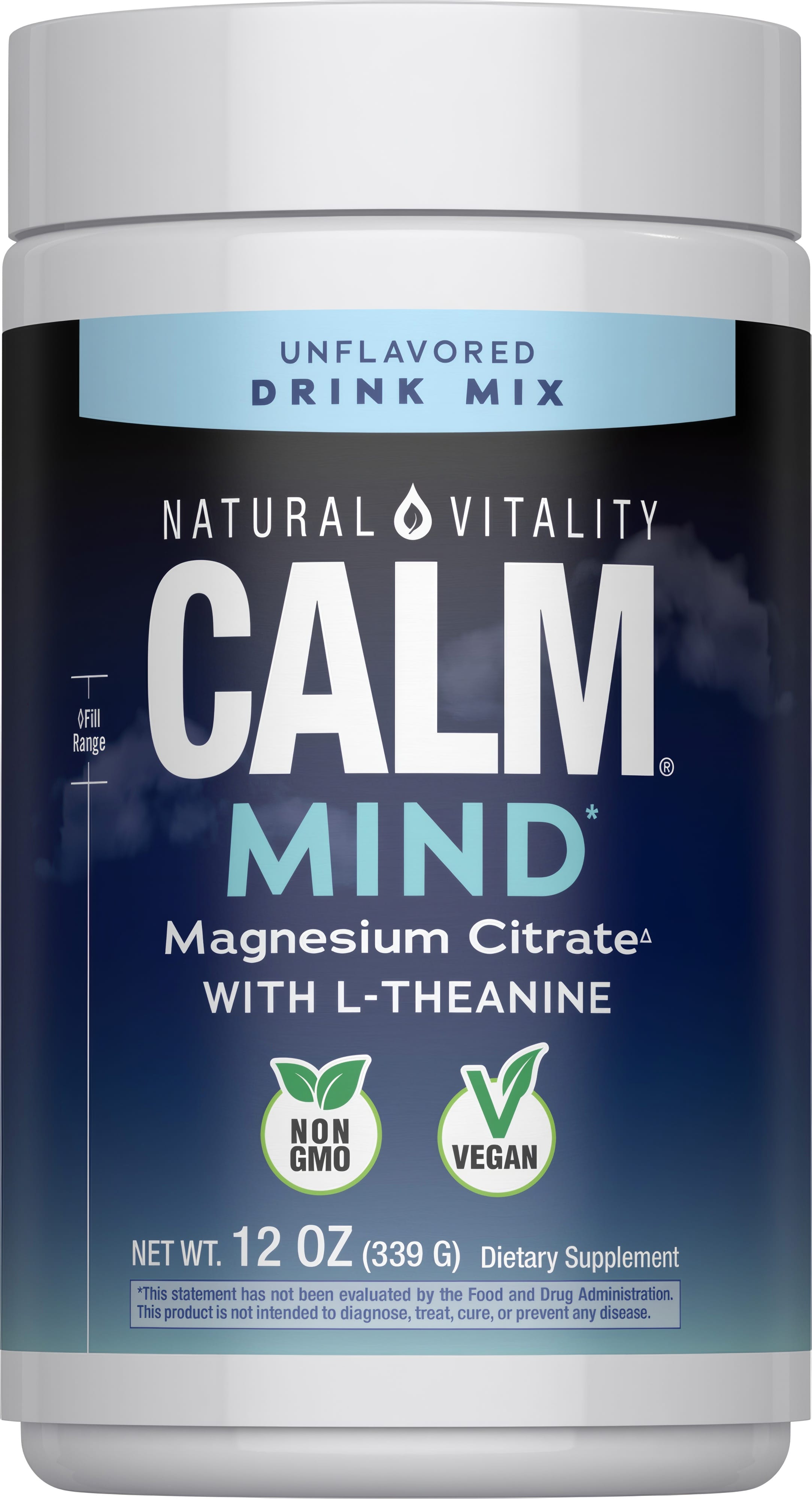 NV Calm Mind Magnesium Citrate with L-Theanine, unflavored drink mix, 12 oz, non-GMO and vegan.