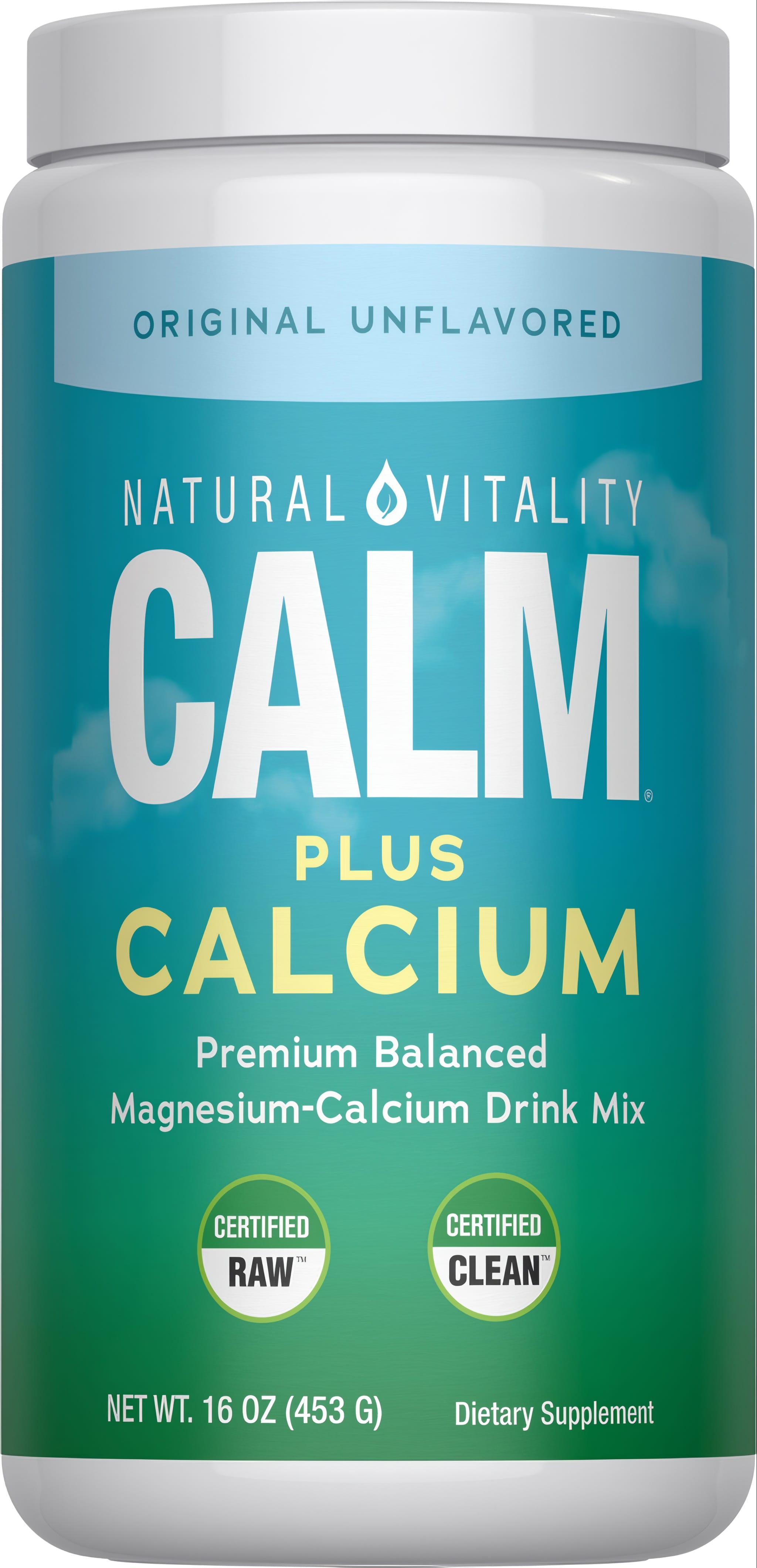 Natural Vitality Calm Plus Calcium drink mix, unflavored, 16 oz (453 g), contains magnesium and calcium.